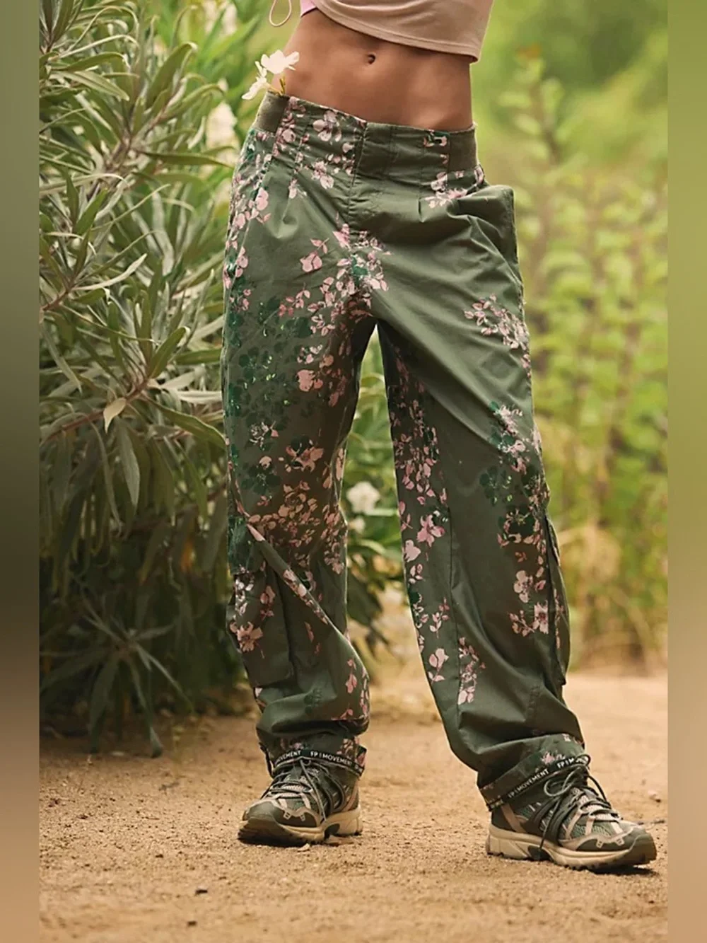 Free People Mesmerize Me Printed Lightweight Utility Cargo Pants Olive Combo